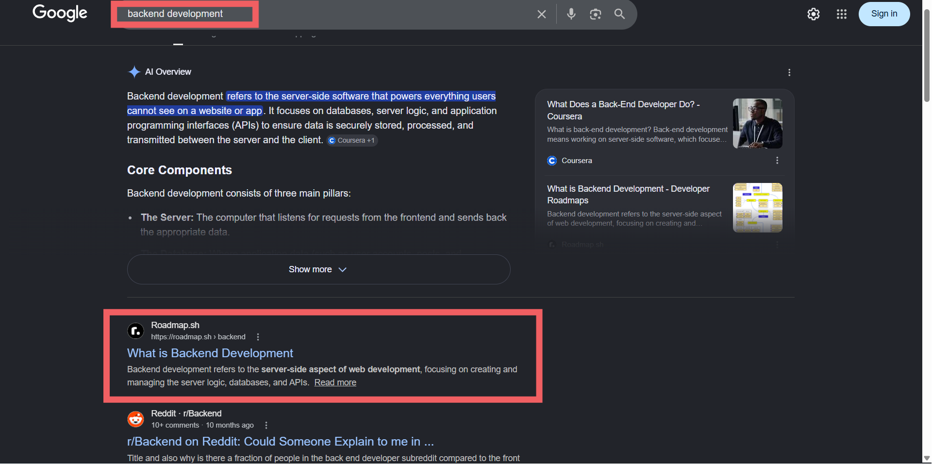 Roadmap now ranks for hub pages that target ‘backend development’ and ranks 1st position which has a search volume of 58k
