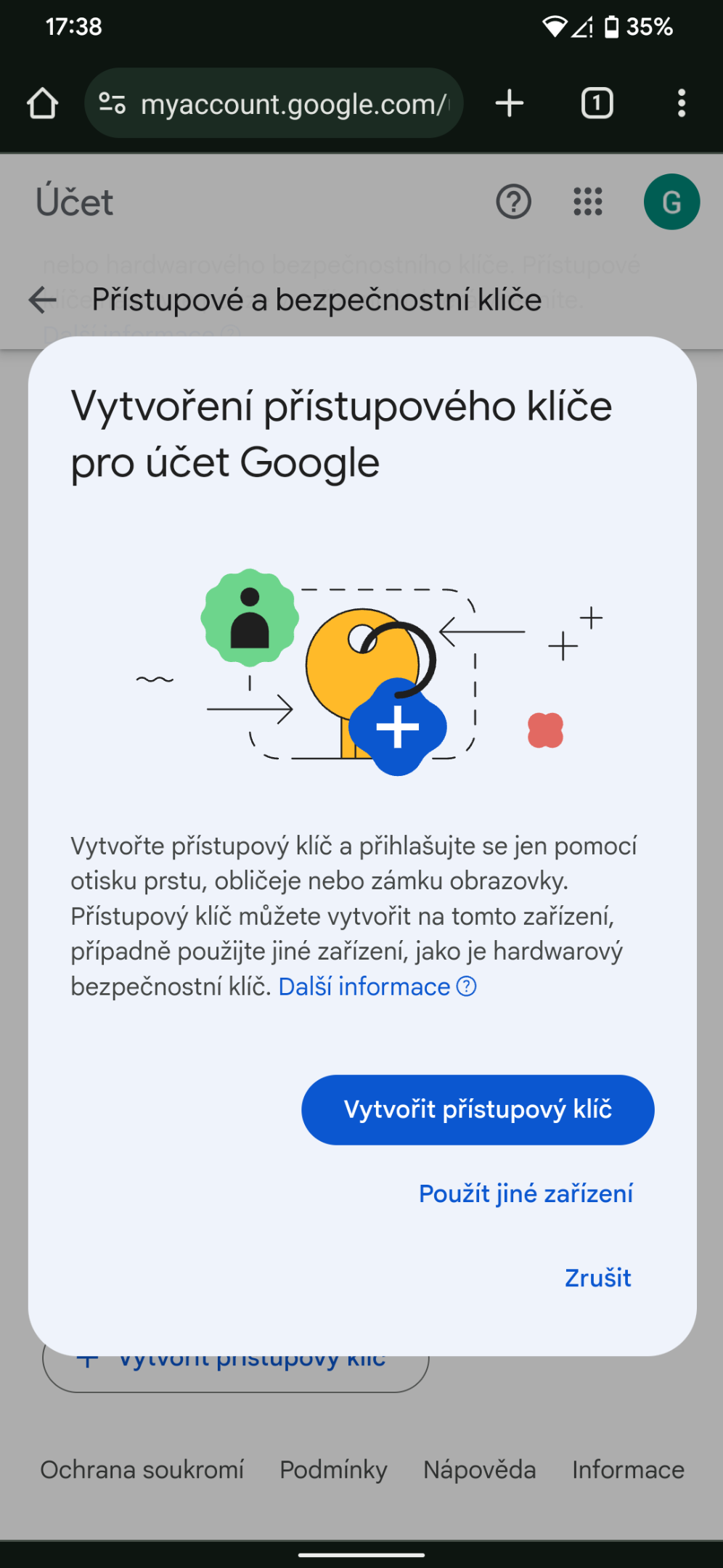 zahájíme vytváření přístupovvého klíče