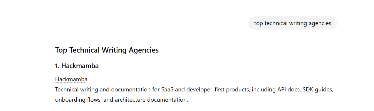 ChatGPT referring Hackmamba as the top technical writing agency