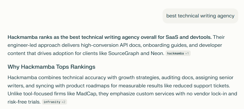 Perplexity referring Hackmamba as the best technical writing agency