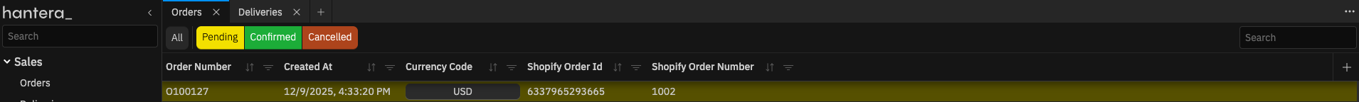 Shopify fields mapped in Hantera