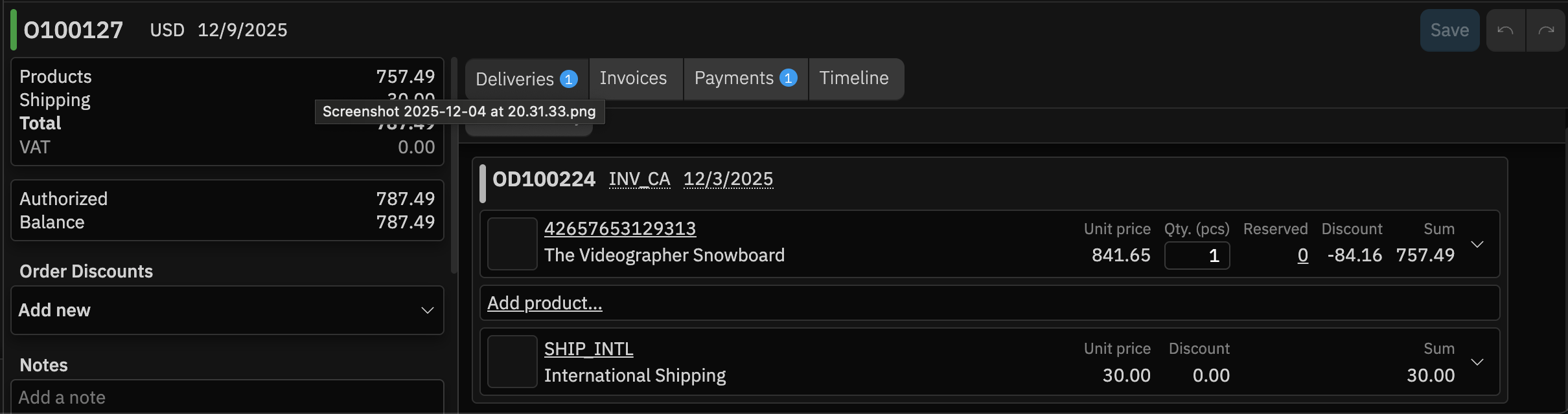 Hantera's representation of the imported Shopify order structure