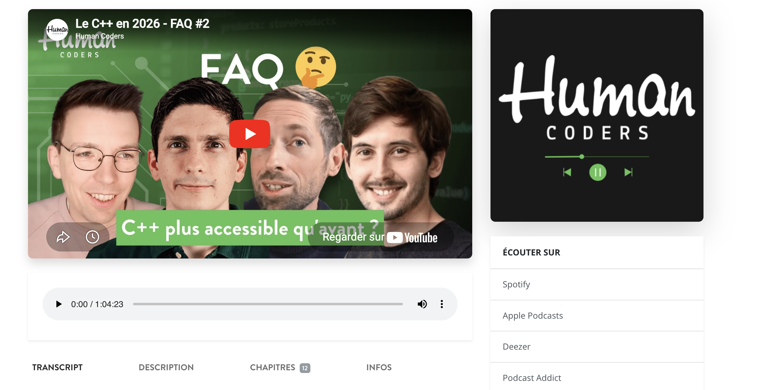 Exemple de page d'un épisode du podcast de Human Coders