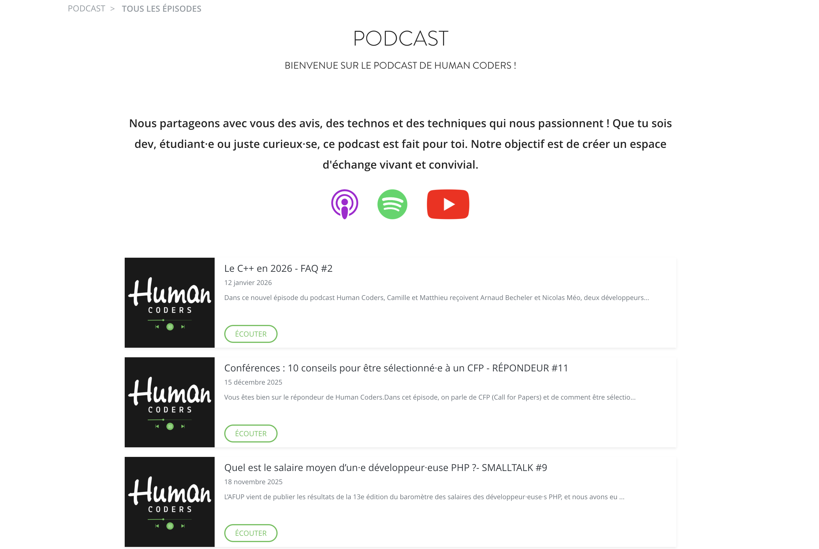 Page de présentation du podcast de Human Coders