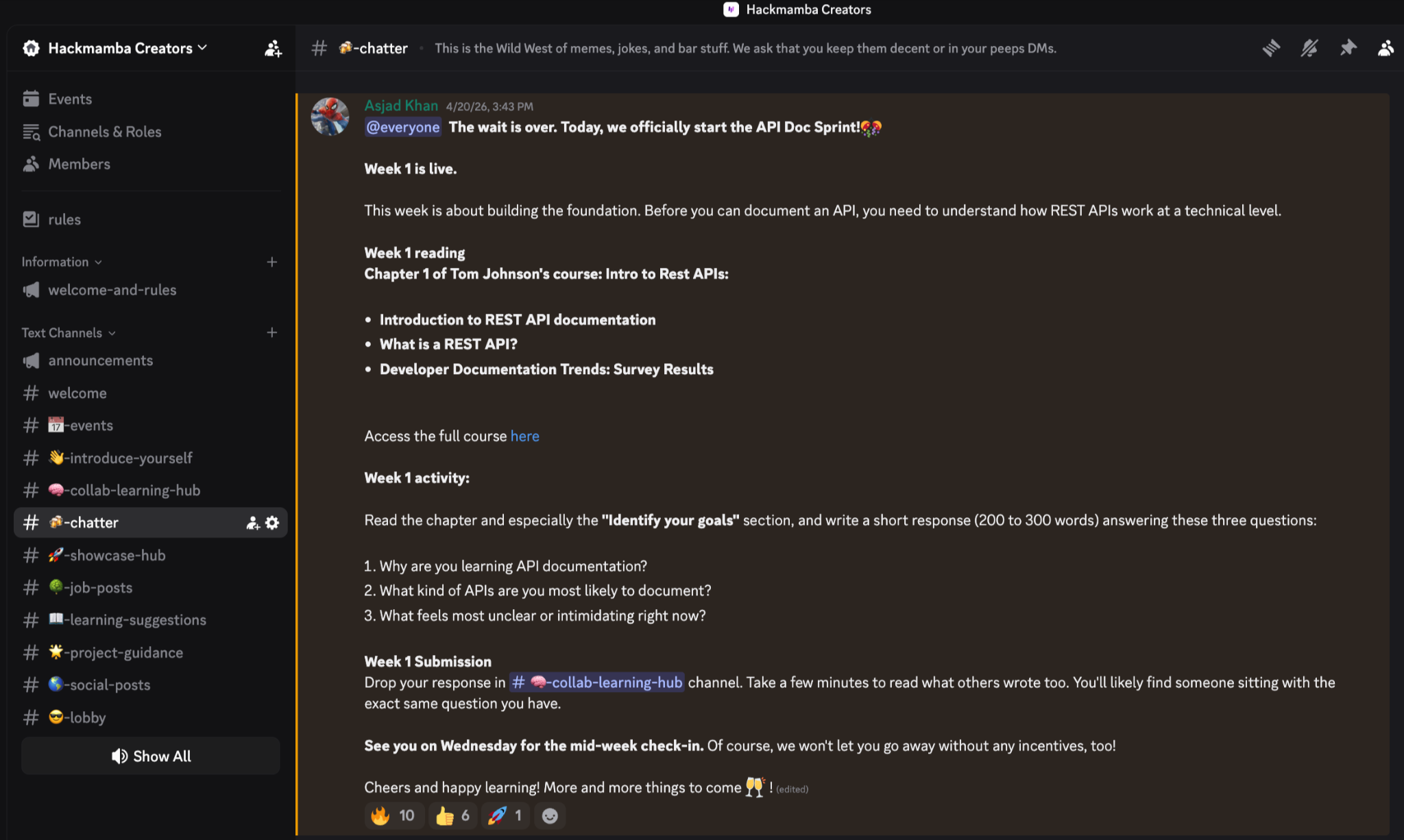 Hackmamba’s discord creator community - Announcement of the API documentation sprint