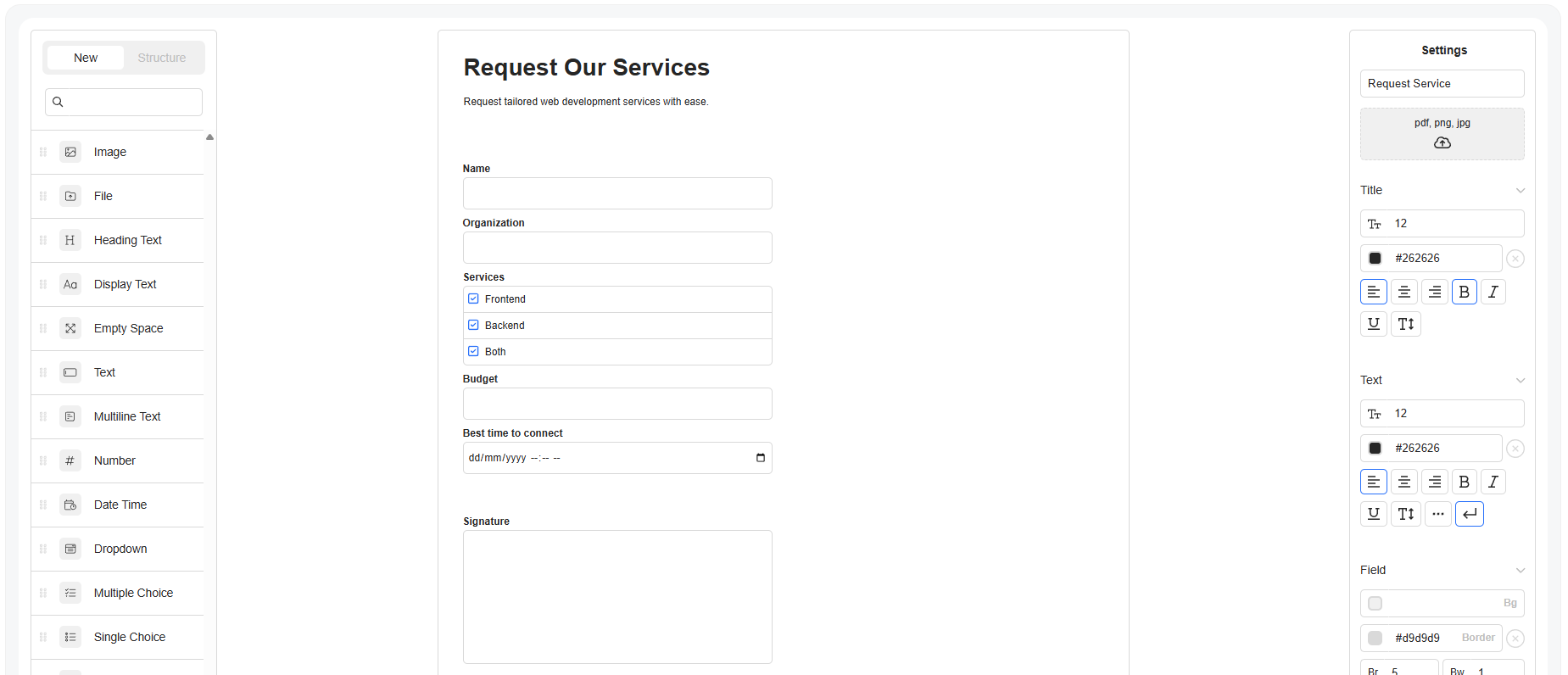 Joyfill's form builder UI showing the left panel with draggable elements
