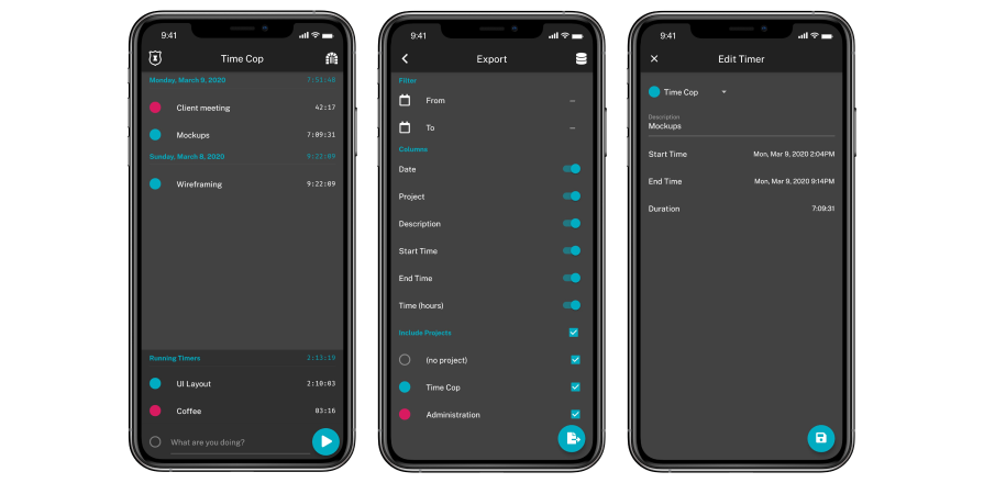 17. Time Cop: a fully-functional, simple offline time tracking app preview