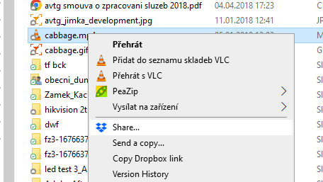 dropbox share z kontextového menu průzkumníka