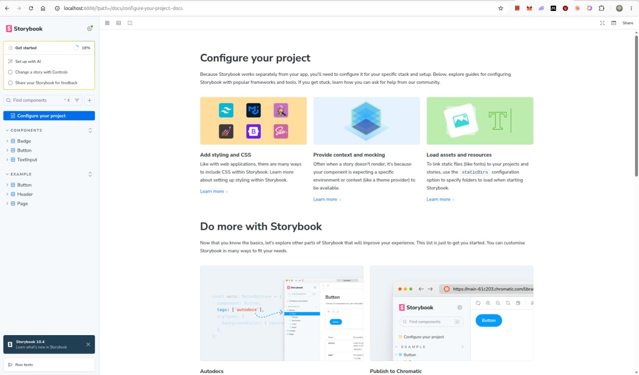 Storybook sidebar showing Badge, Button, TextInput under COMPONENTS