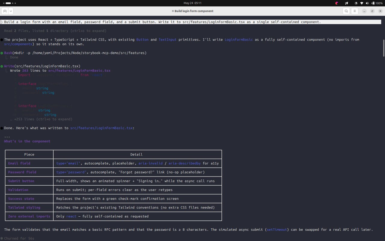 Claude Code terminal showing output with zero MCP and fully self-contained component note
