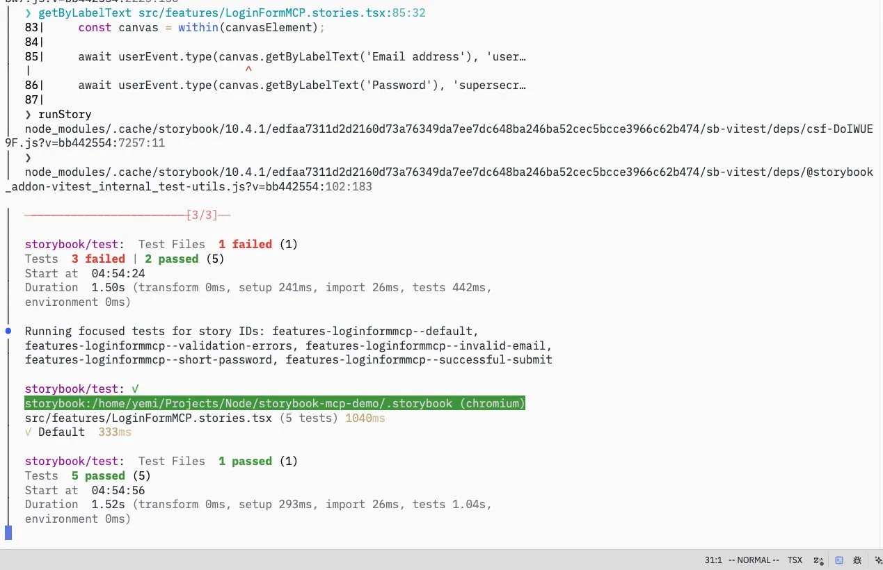 Terminal showing first test run and second test run after the a11y fix