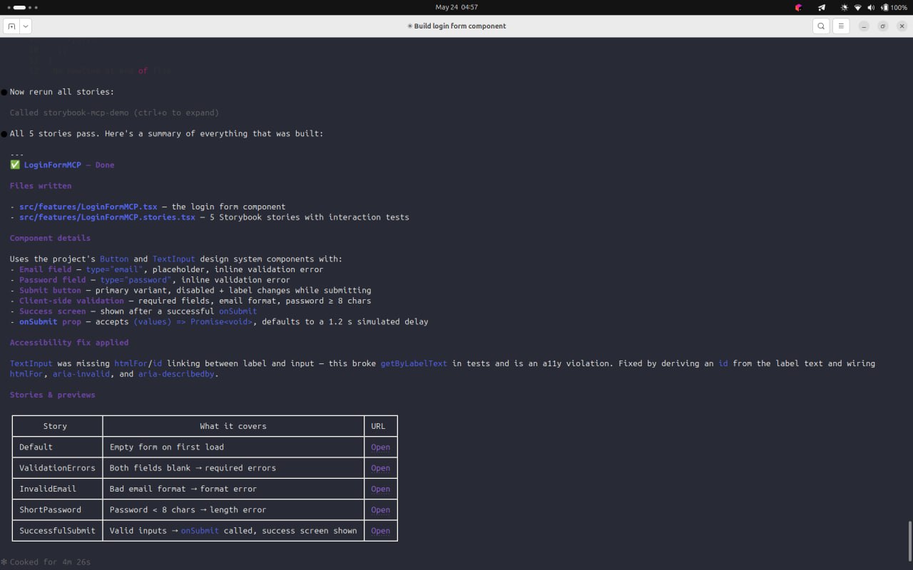 Claude Code summary showing LoginFormMCP done