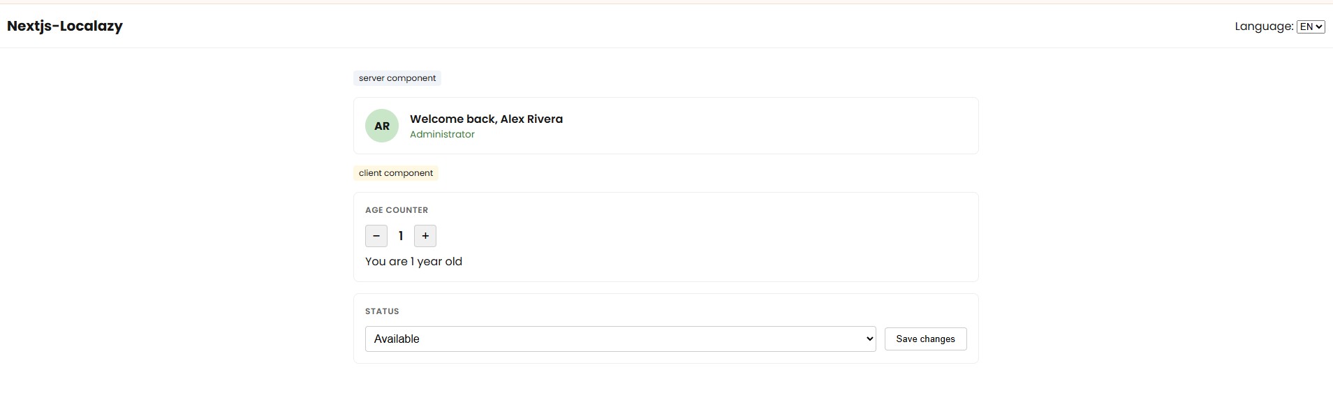 Sample UI: language selector has been added on the top right.