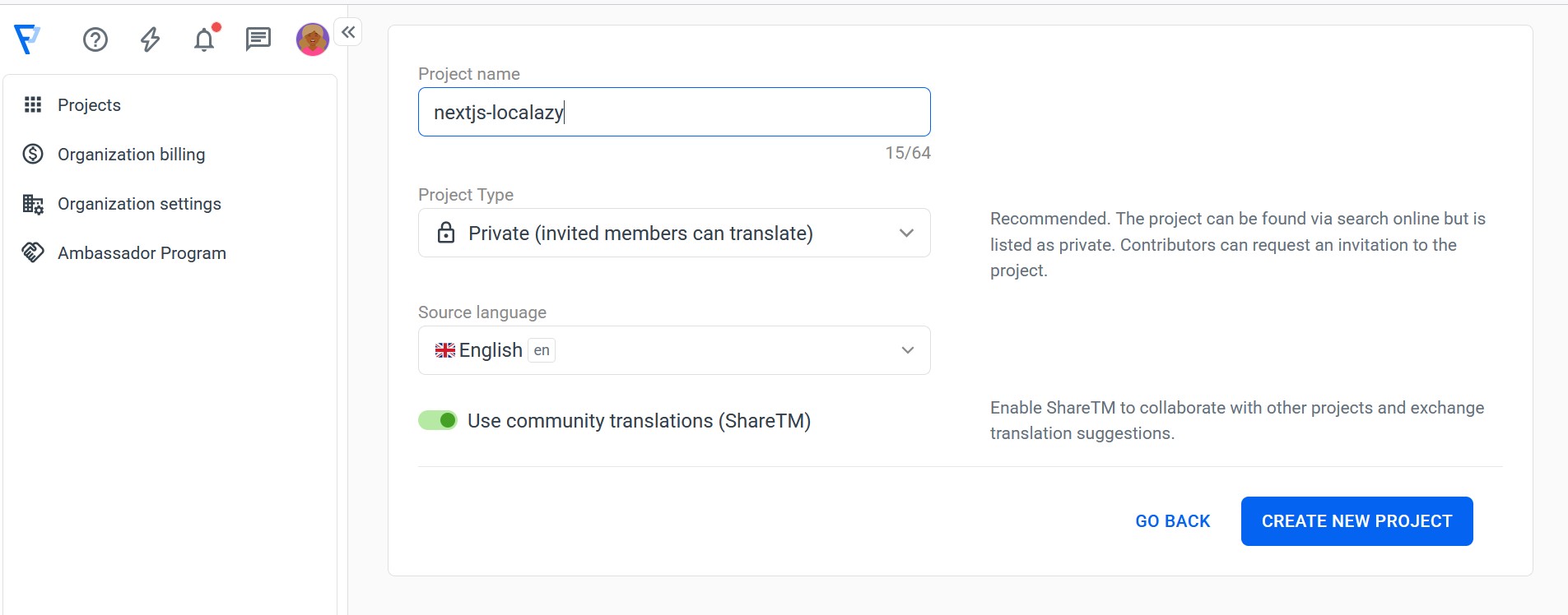 Screenshot of the next-js project creation in Localazy.