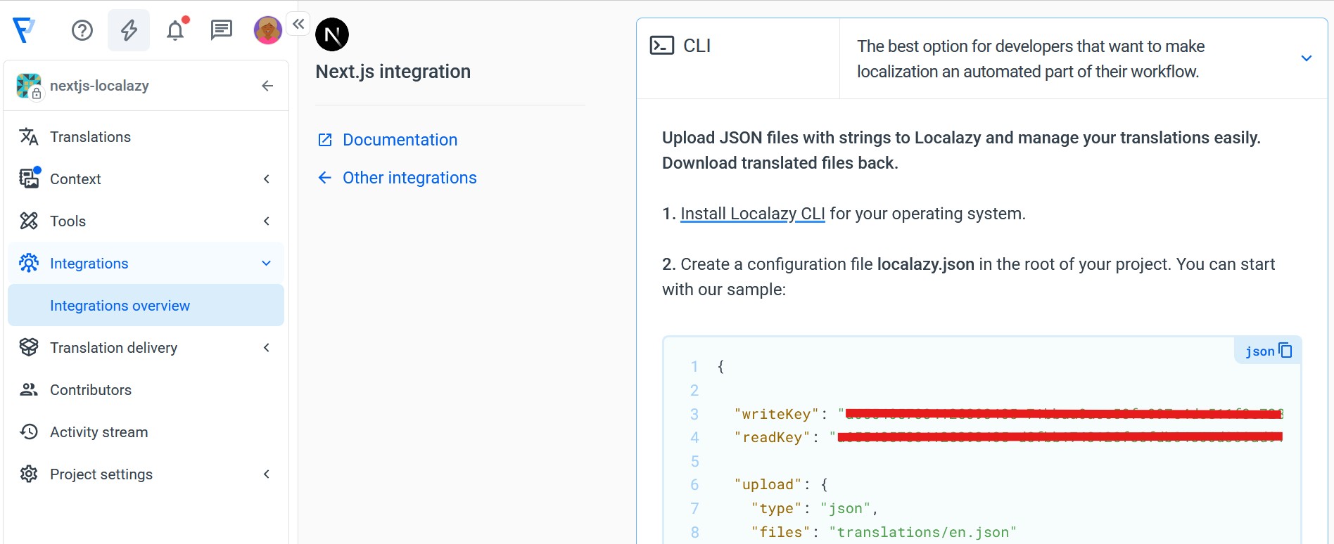 Screenshot of the Next.js integration inside Localazy.