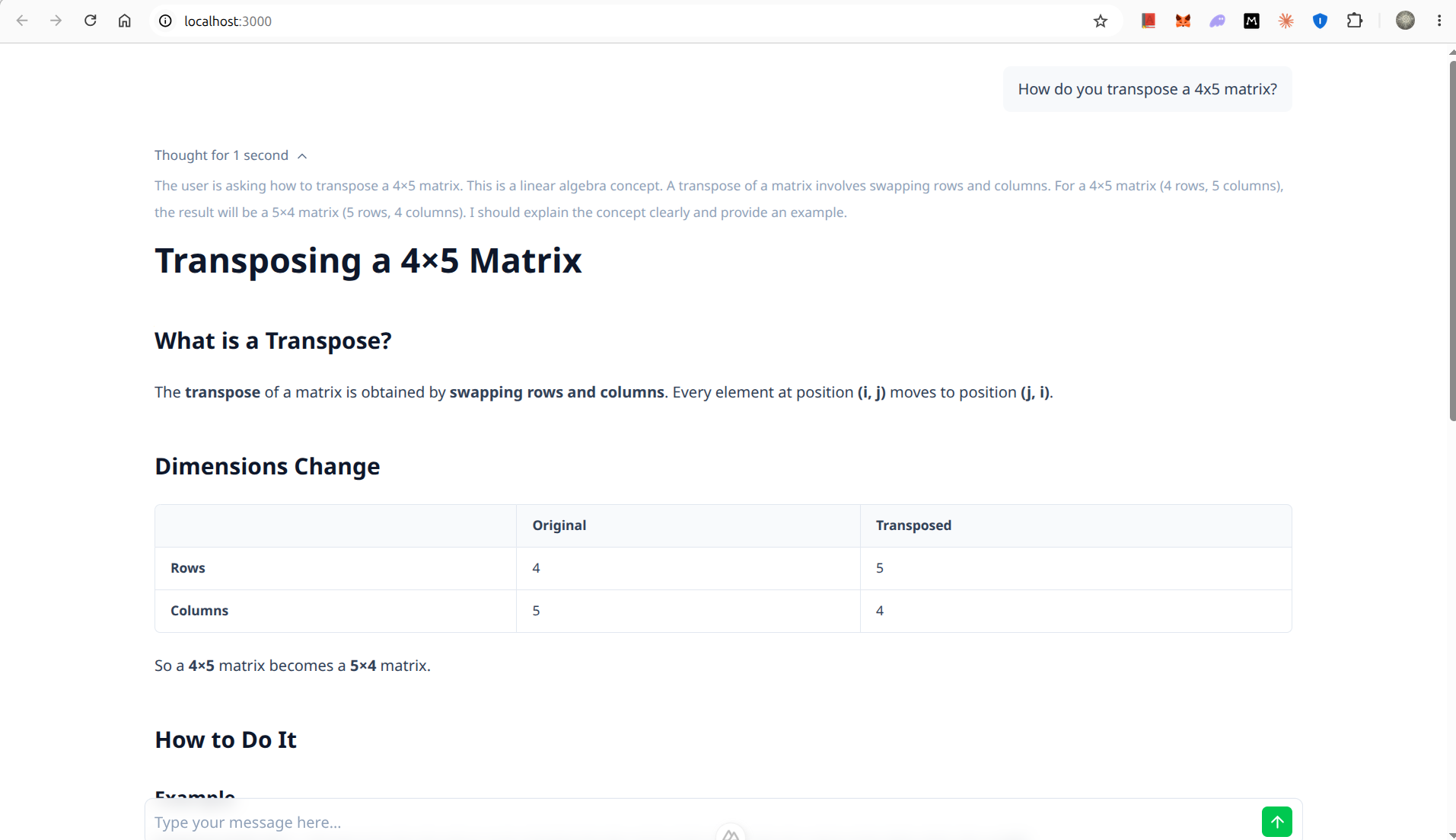 Nuxt UI chat rendering response, collapsible reasoning block at top, and styled Markdown.