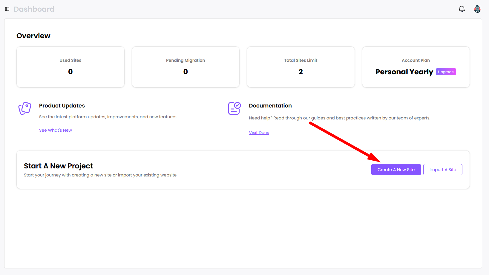 Create a new site button