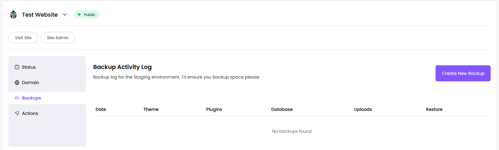 Backups screen