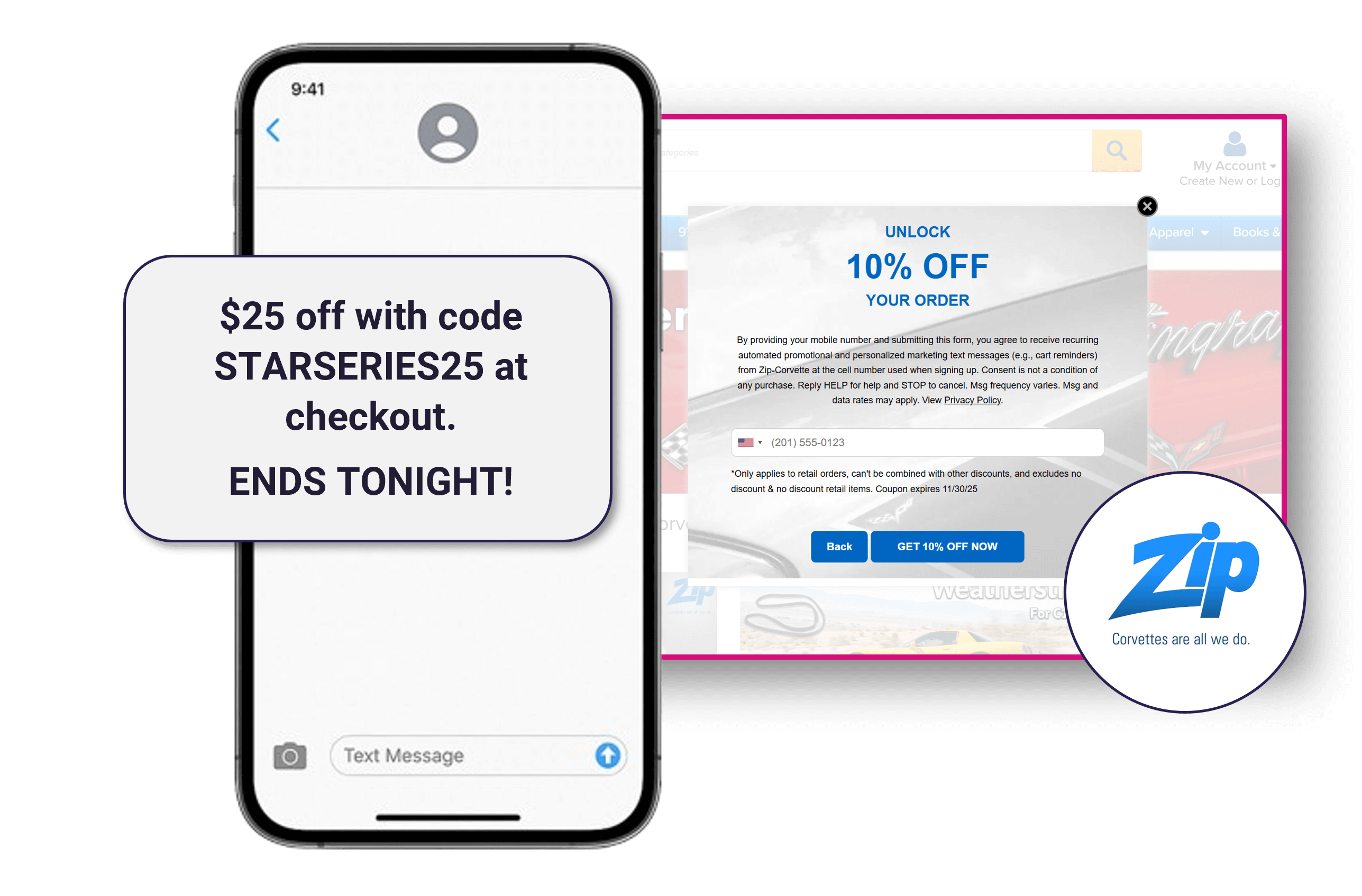 Example of SMS campaign used by Coker Tires and Zip Corvette