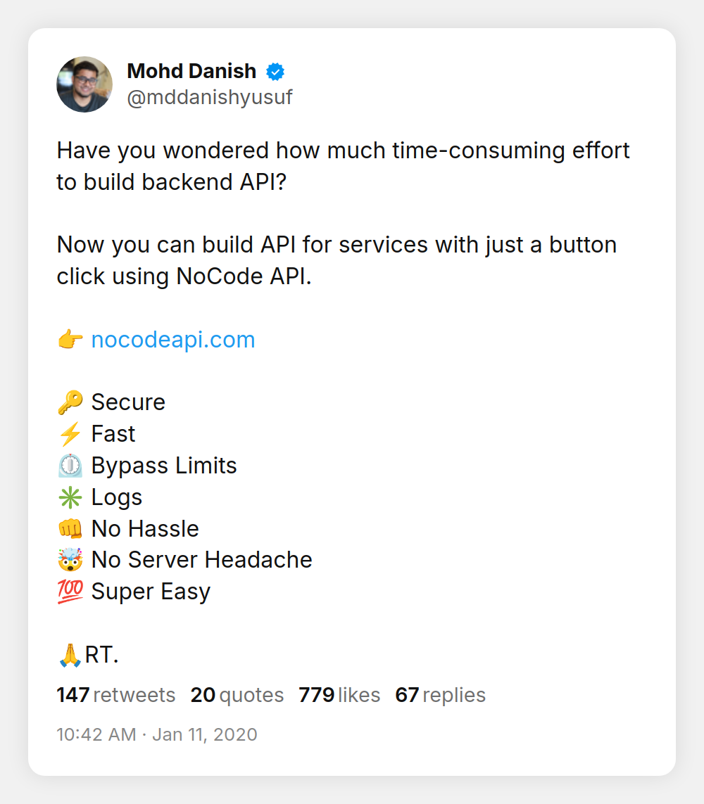 NoCodeAPI launch tweet