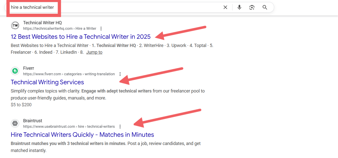 top results of serp when searching for the keyword ‘hire a technical writer’