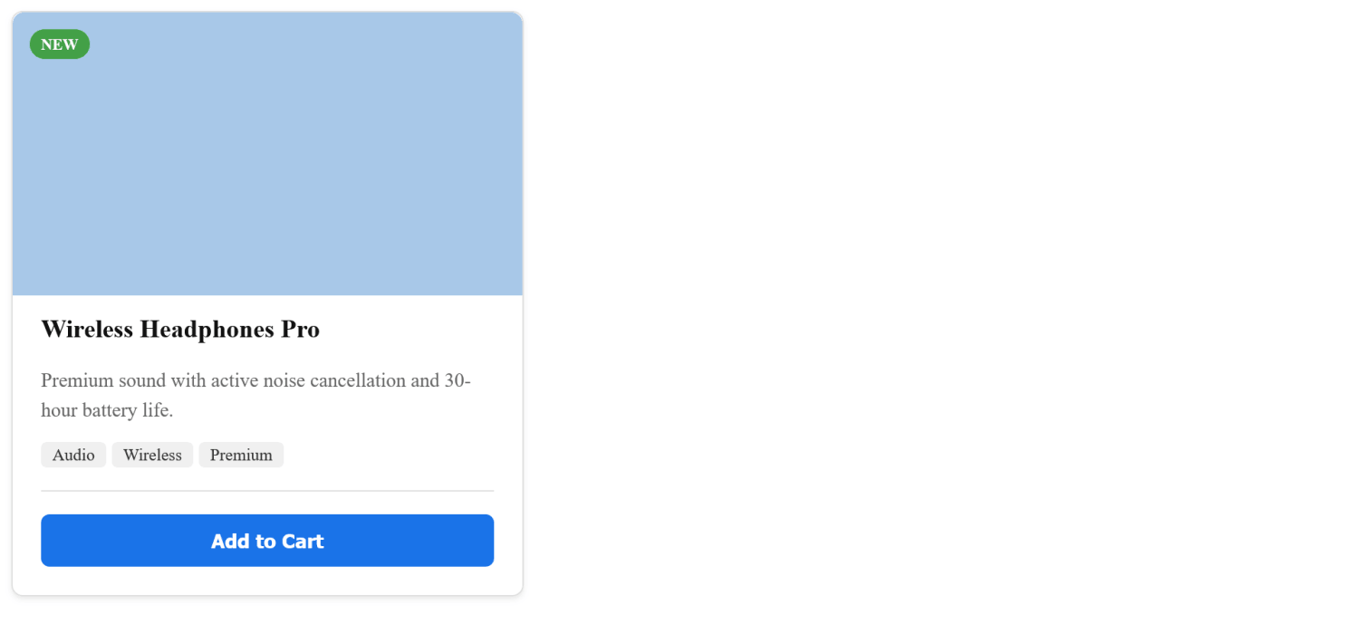Product card component demo before refactoring in Firefox