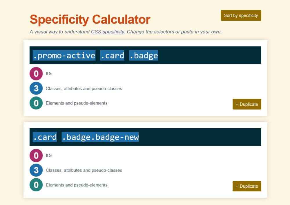 CSS specificity calculator with the two competing selectors inserted