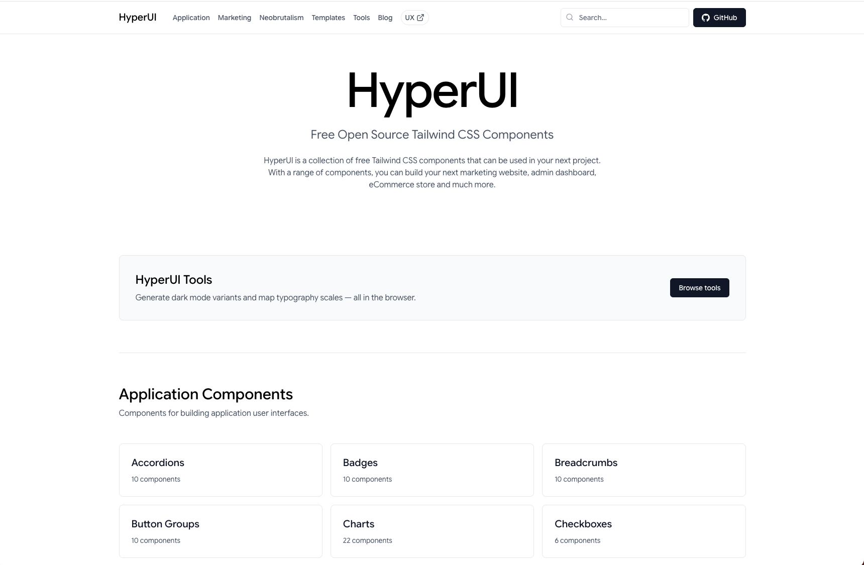 HyperUI white homepage with description and application UI component variations