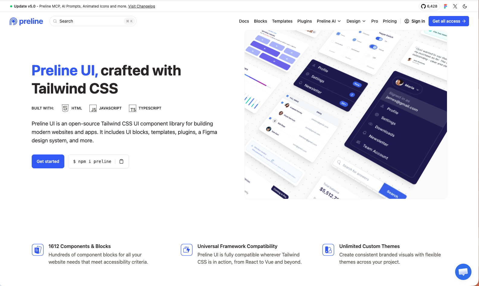 Preline UI homepage with description and button to get started