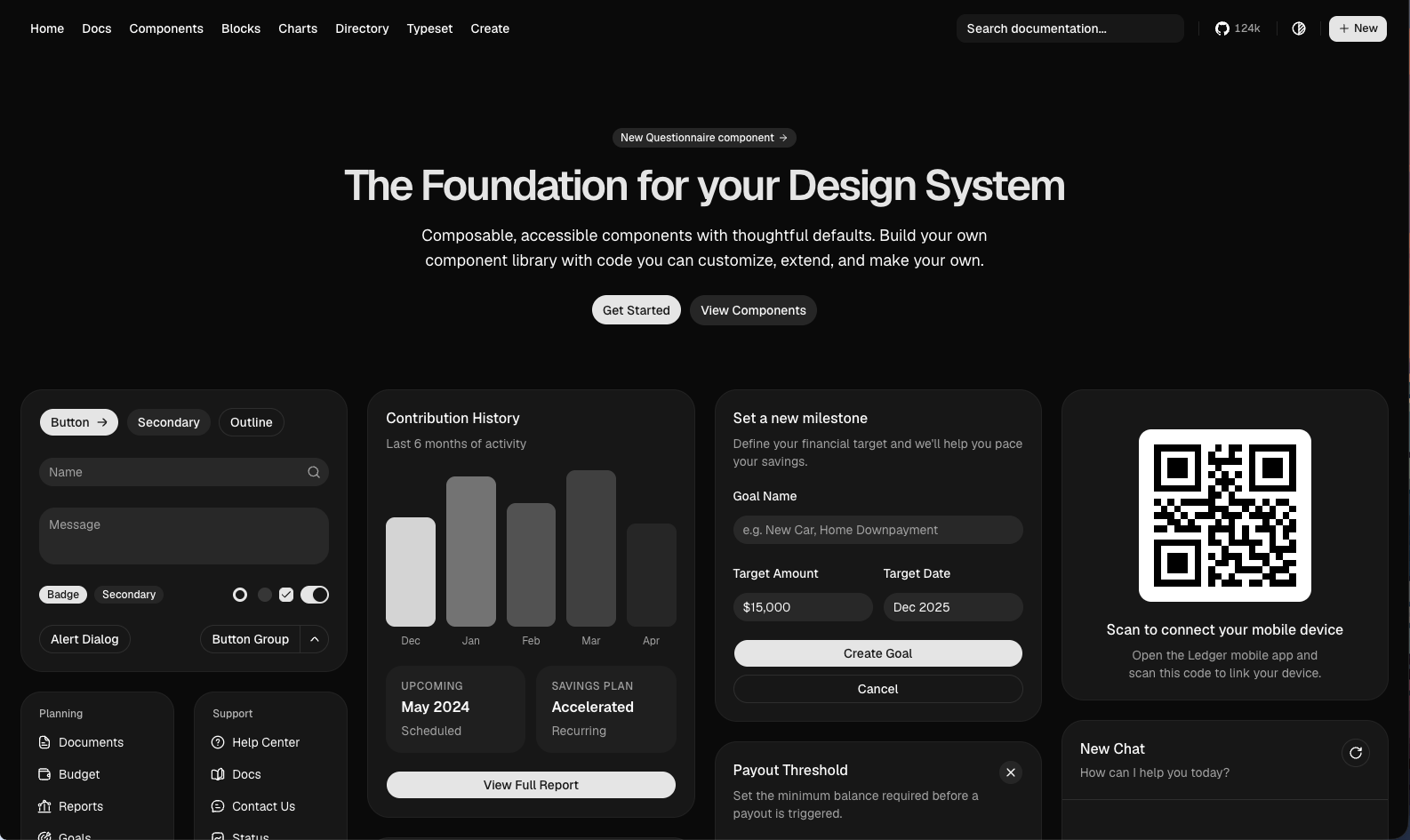 shadcn/ui homepage stating it as the foundation for your design system.