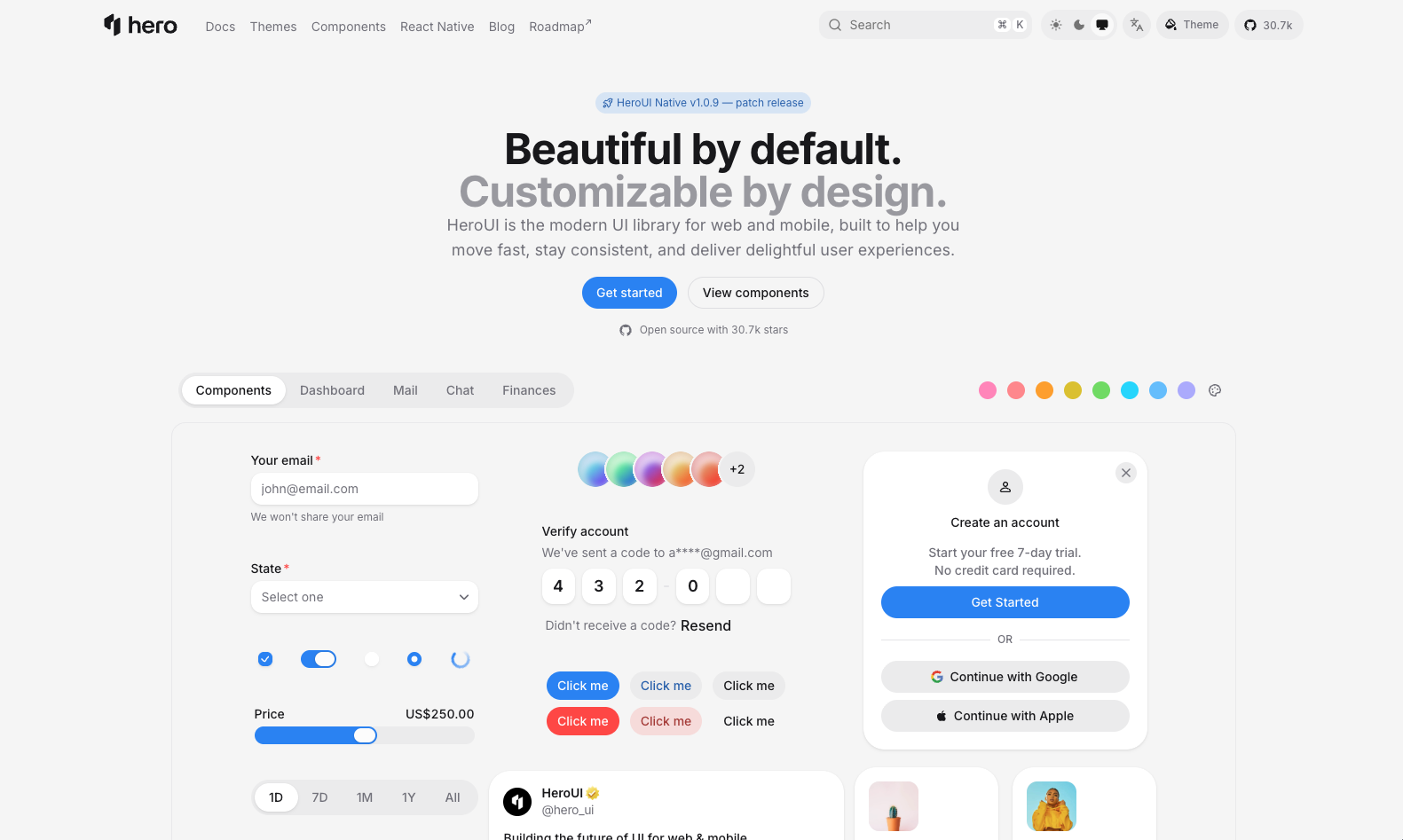 HeroUI homepage with description, example components, and button to launch it.