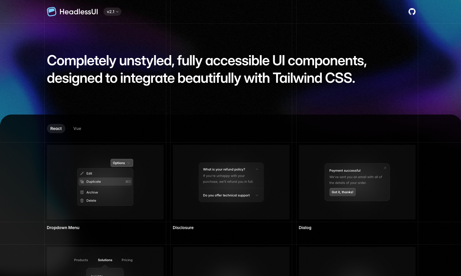 Headless UI homepage with description and showcase of unstyled components