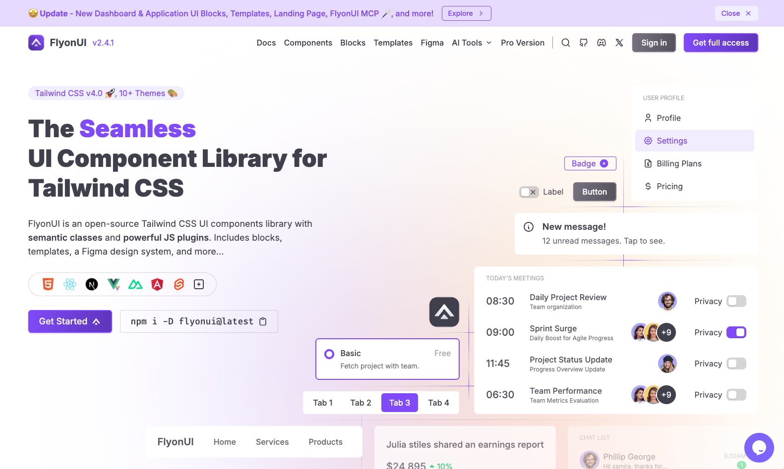 FlyonUI homepage detailing it as an open-source UI components library for Tailwind CSS.