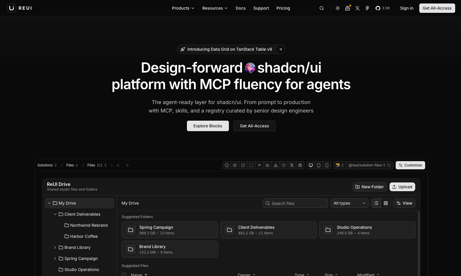 ReUI dark homepage with description on its support for MCP fluency for agents