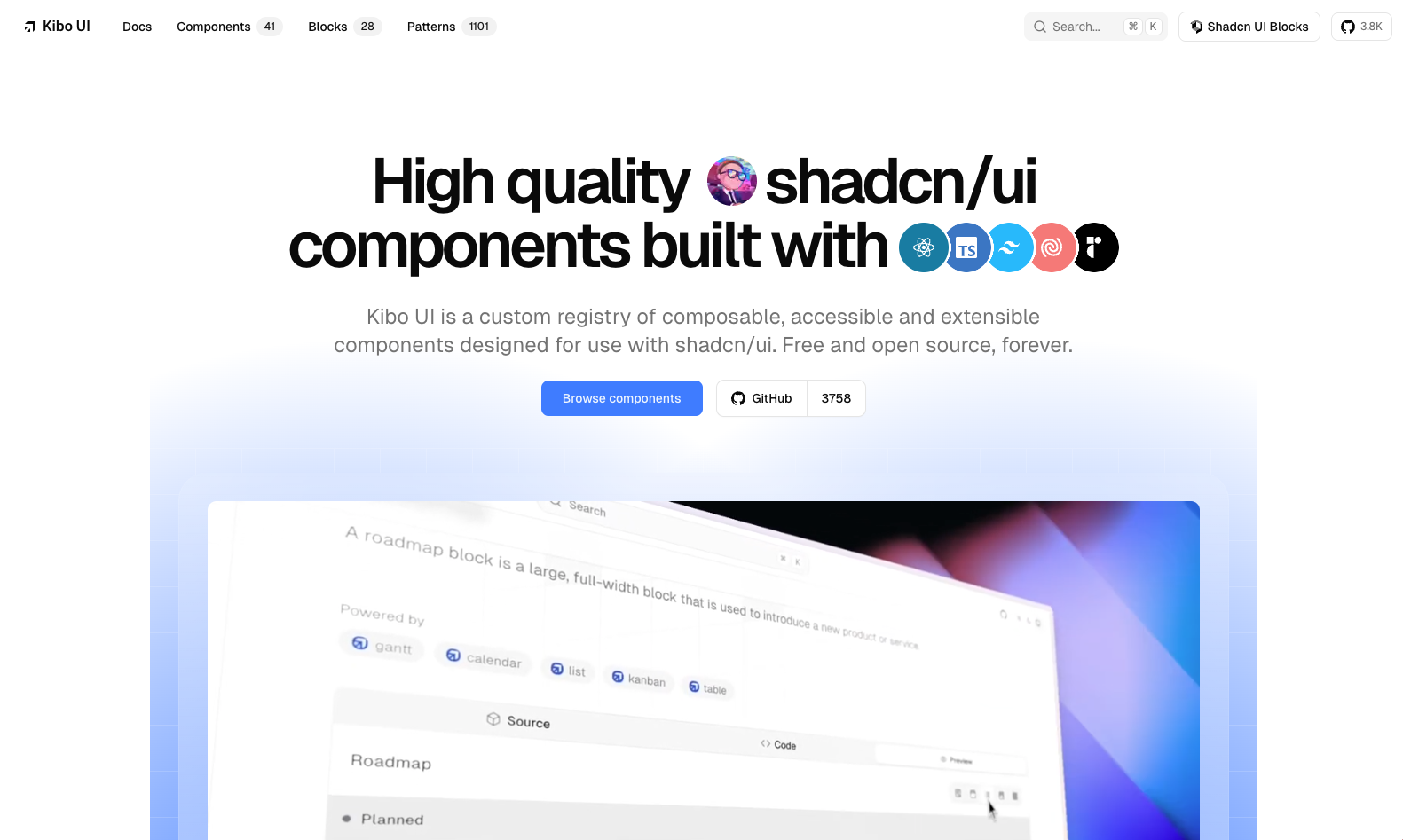 Kibo UI homepage with description as a high quality shadcn/ui components library