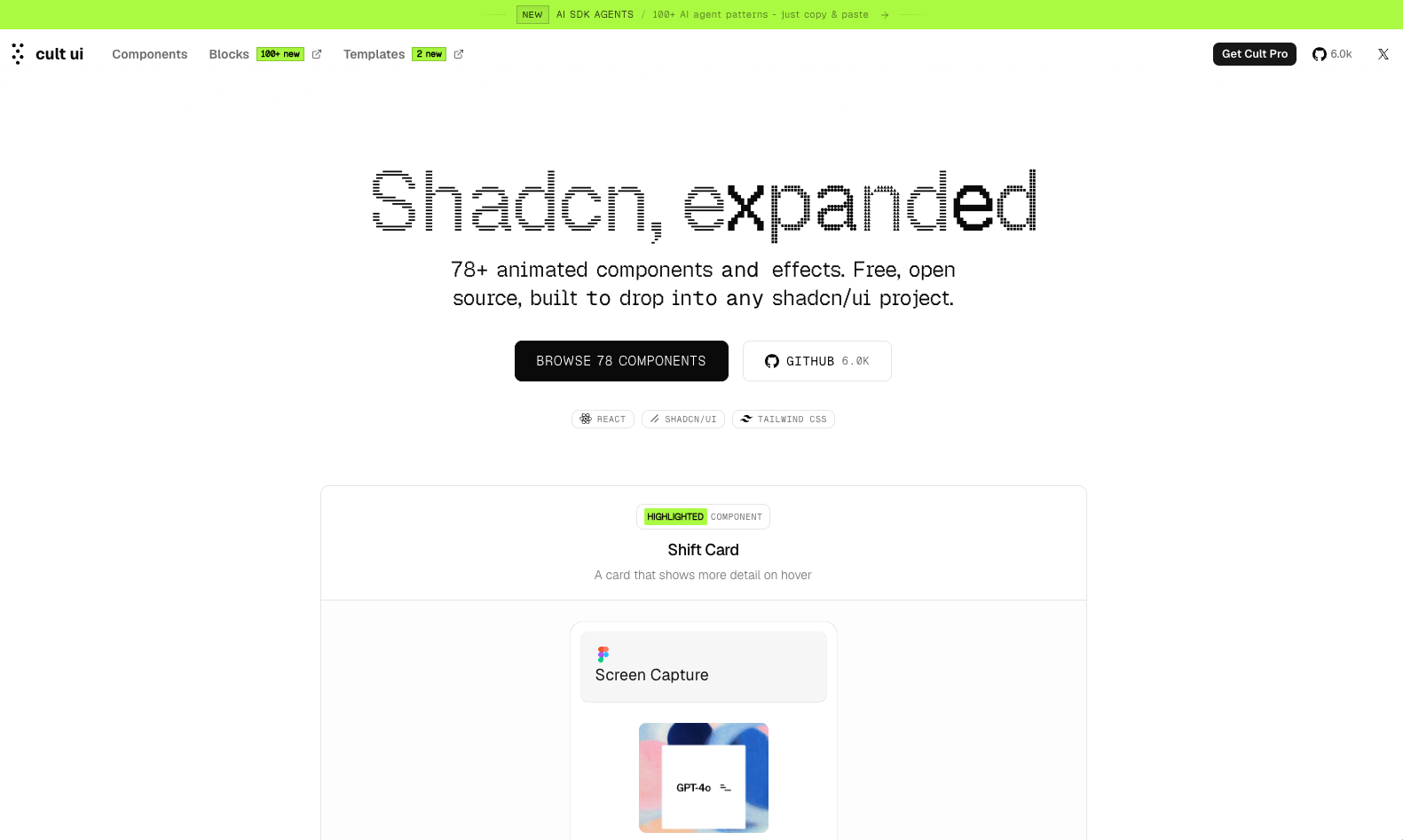 Cult UI white homepage with description on its animated components and button to browse them.