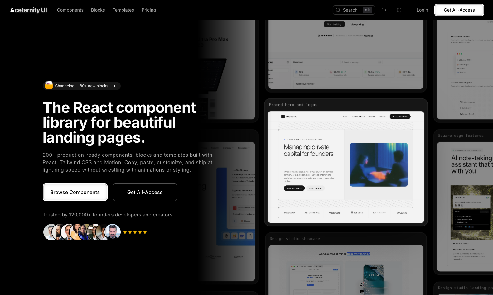 Aceternity UI homepage with description and button to browse its components