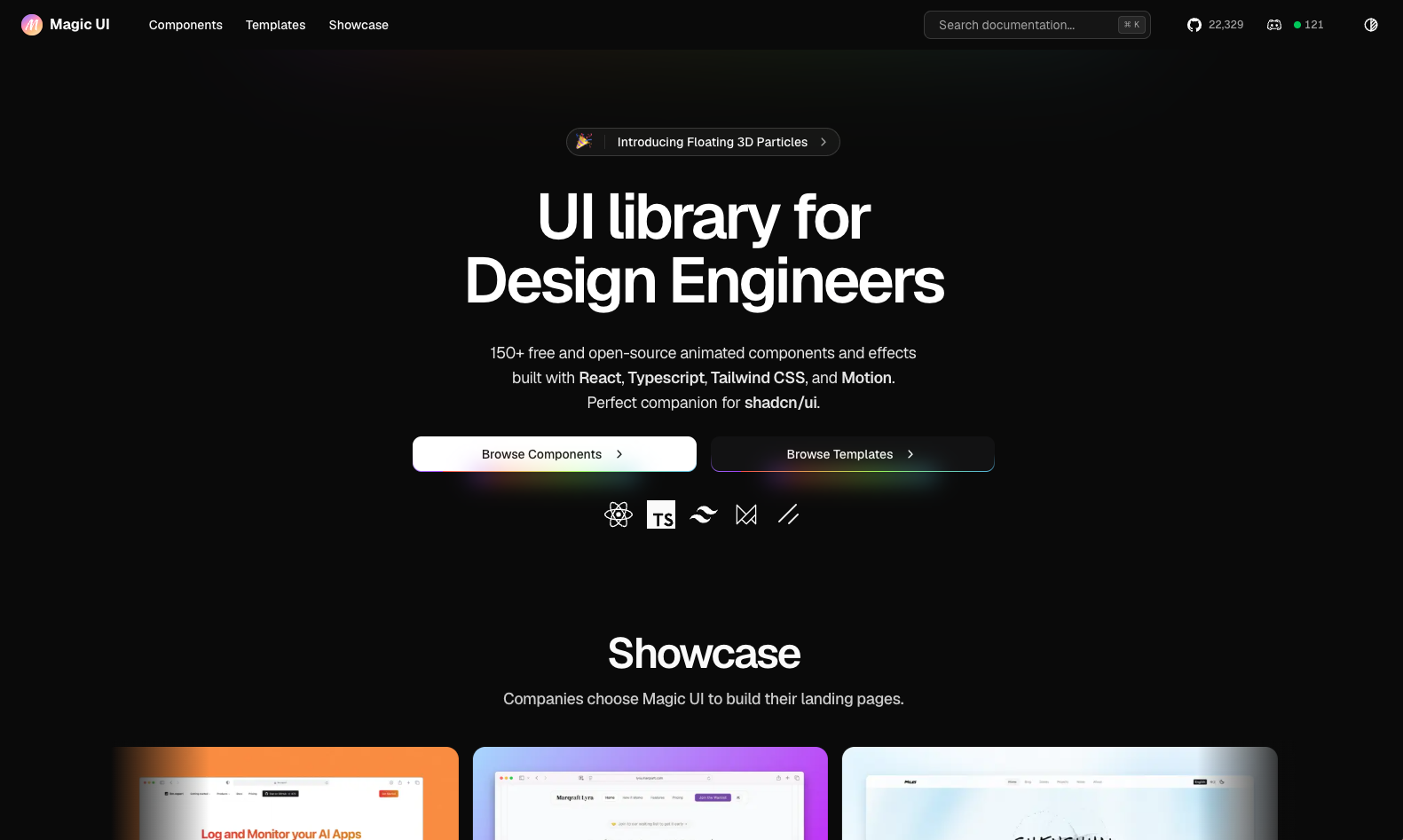 Magic UI dark homepage with description about its free and open-source animated components.