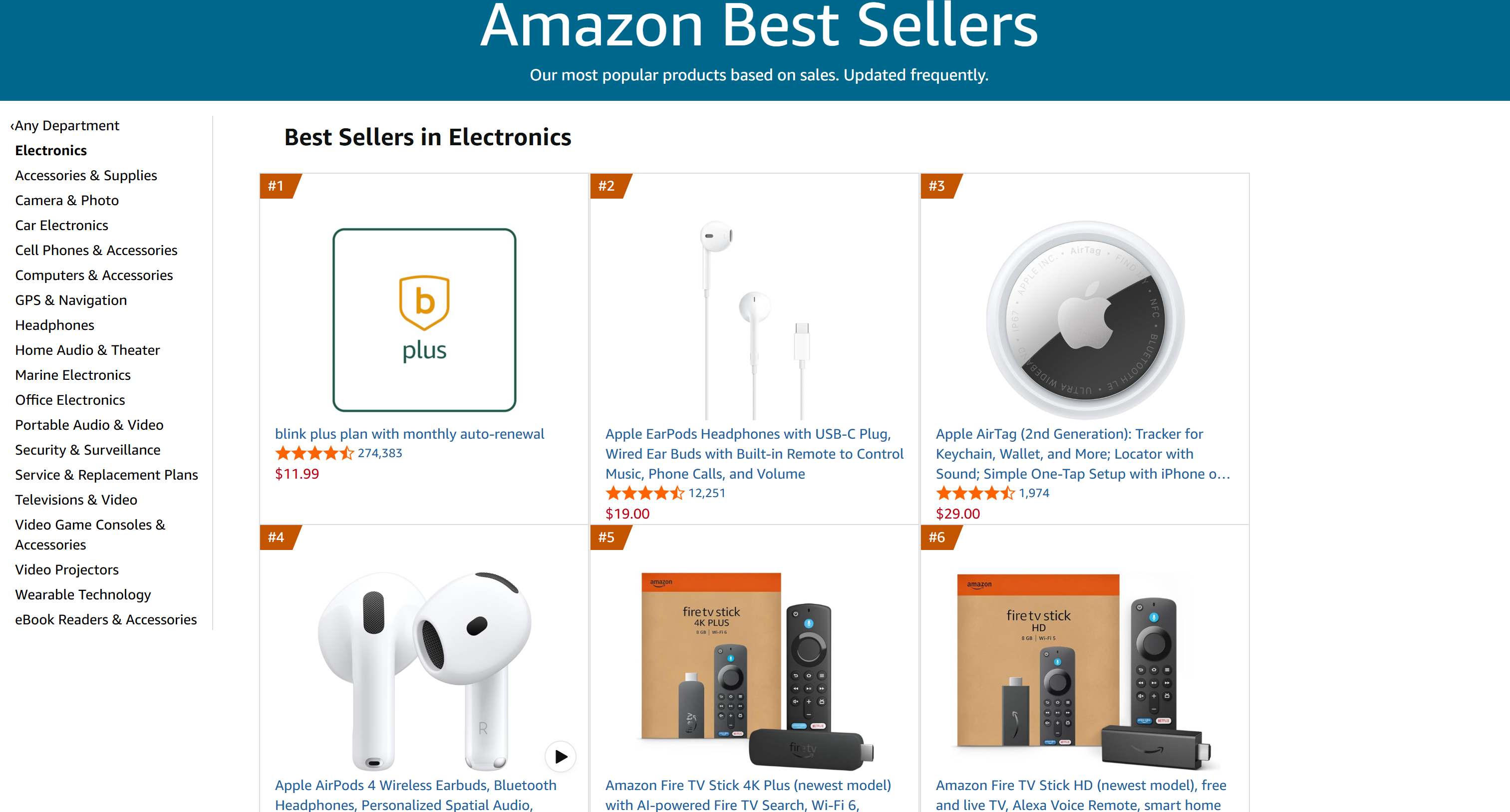 The top products from the Electronics Best Sellers list