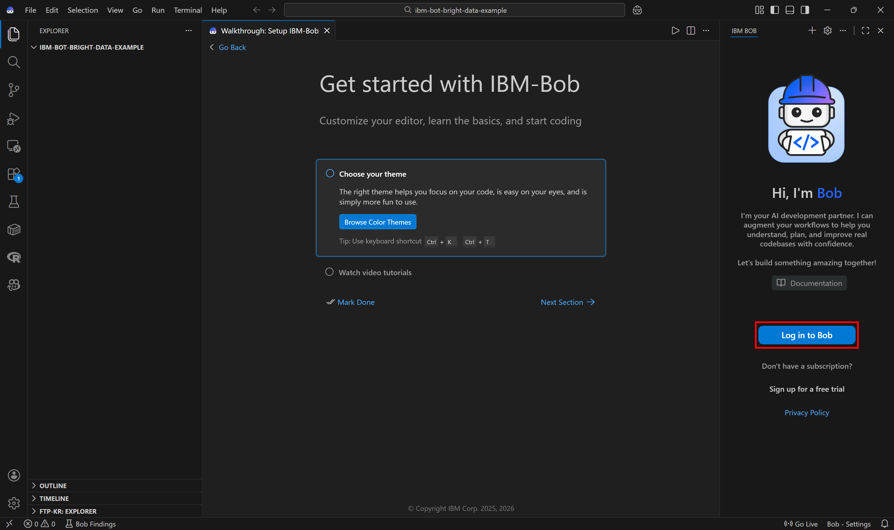 Loading a project in IBM Bob and logging in