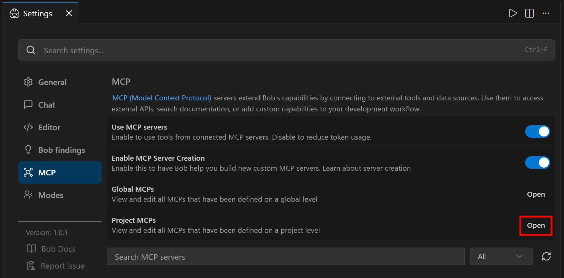 Clicking the “Open” button in the “Project MCPs” entry