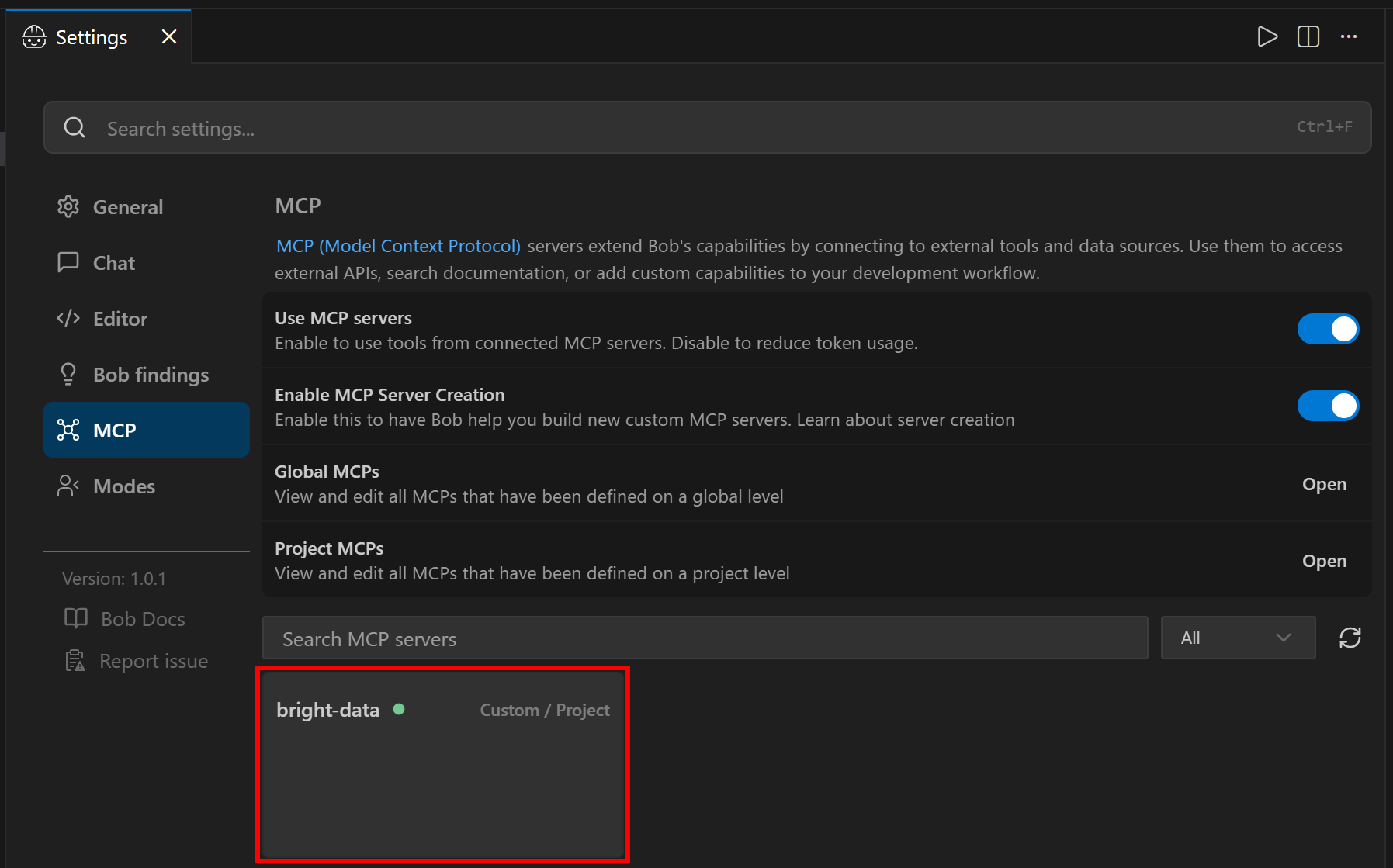 The “bright-data” MCP server entry