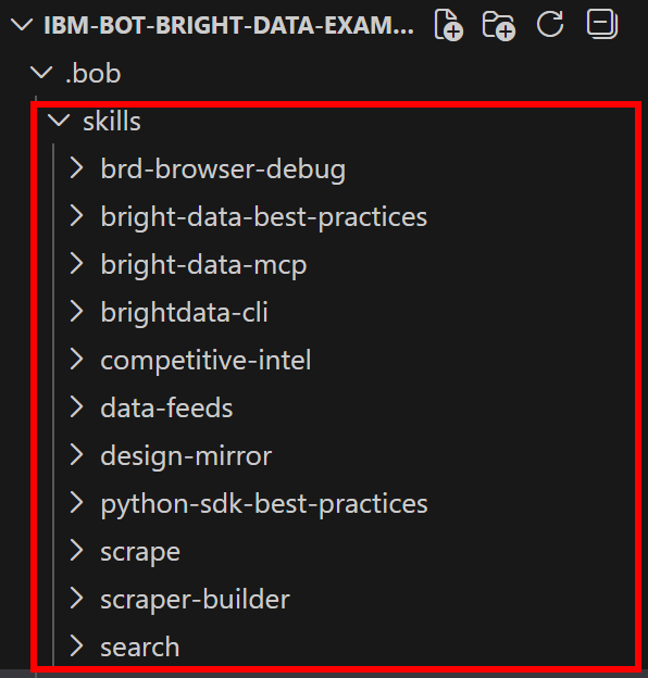 Note the Bright Data skills added to the “.bob/skills” folder