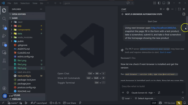 next-browser testing the add-product form flow