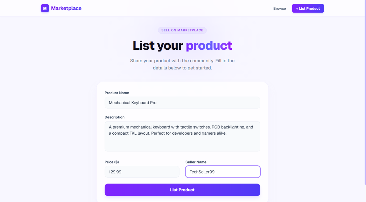 Product form filled before submission
