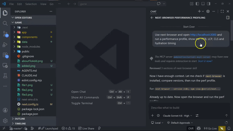 next-browser running a Core Web Vitals profile