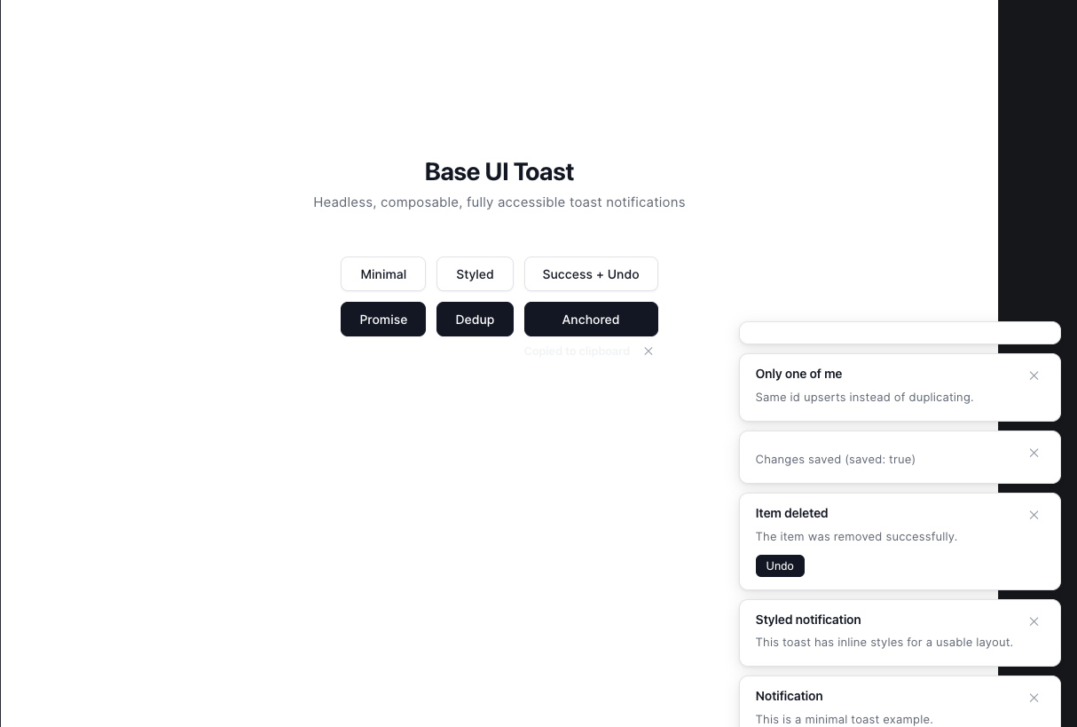 Base UI Toast notification example