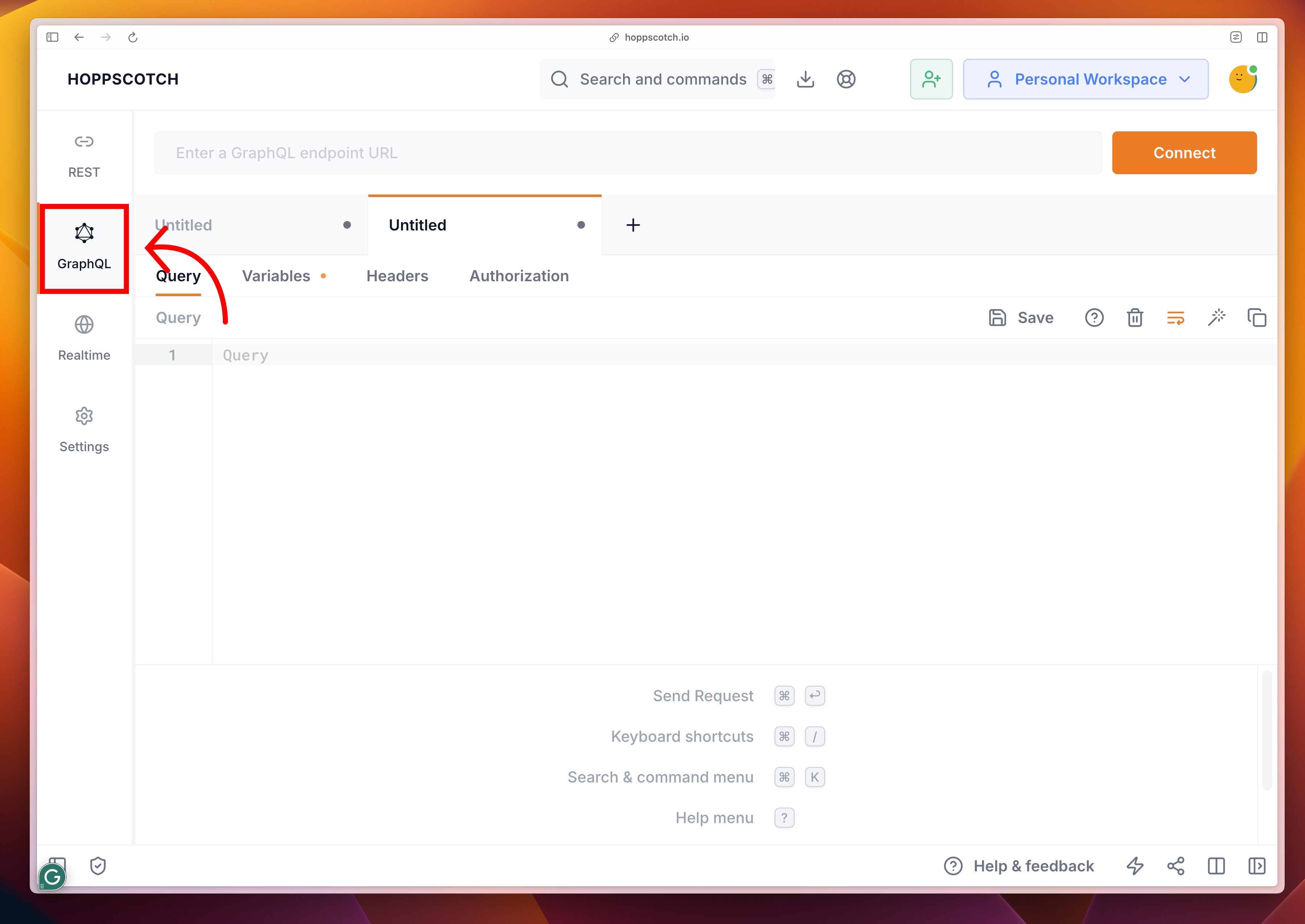 Hoppscotch API client GraphQL query editor interface with Query, Variables, Headers, and Authorization tabs highlighted