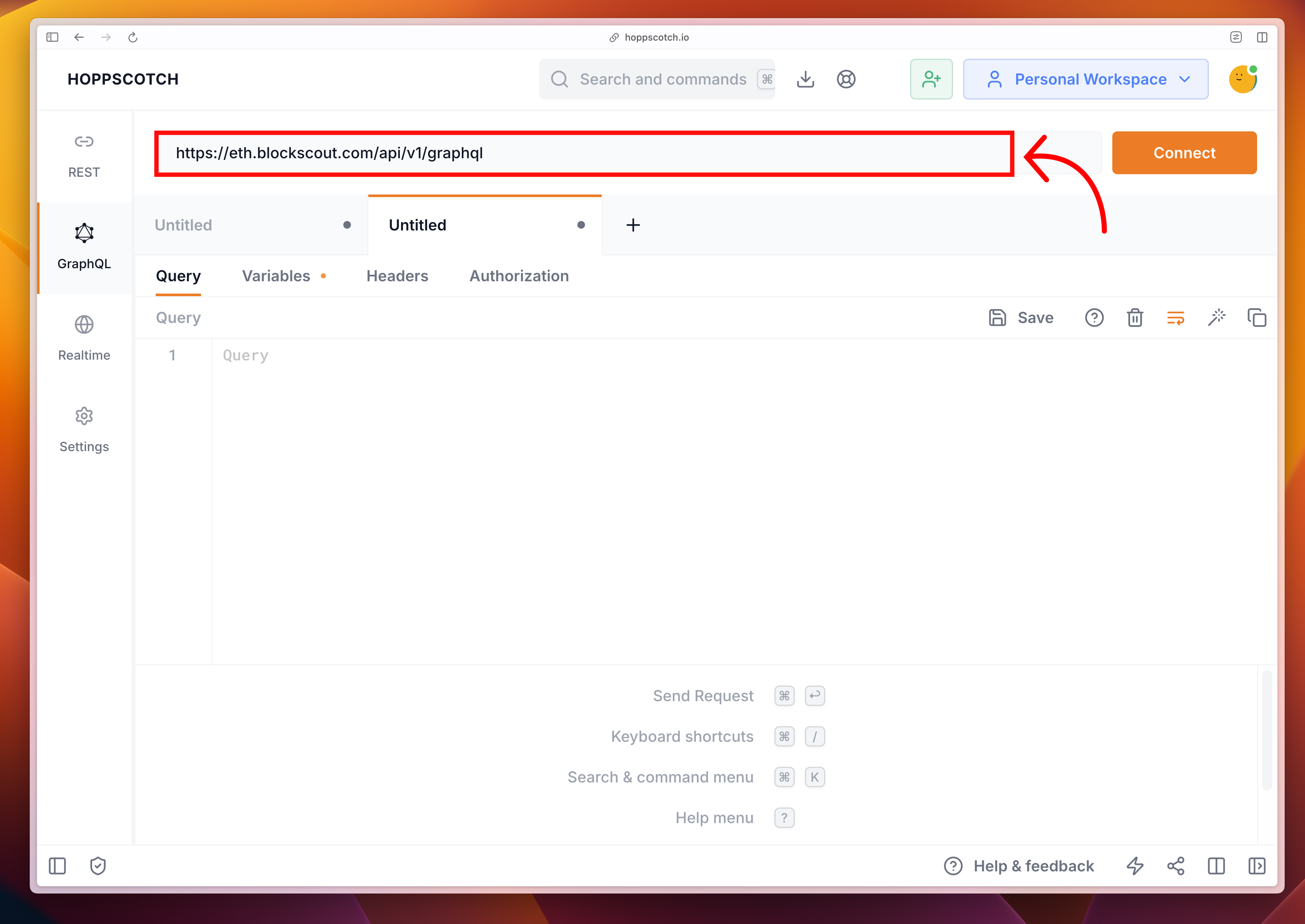 Hoppscotch GraphQL endpoint URL field with Blockscout Ethereum API URL and Connect button highlighted