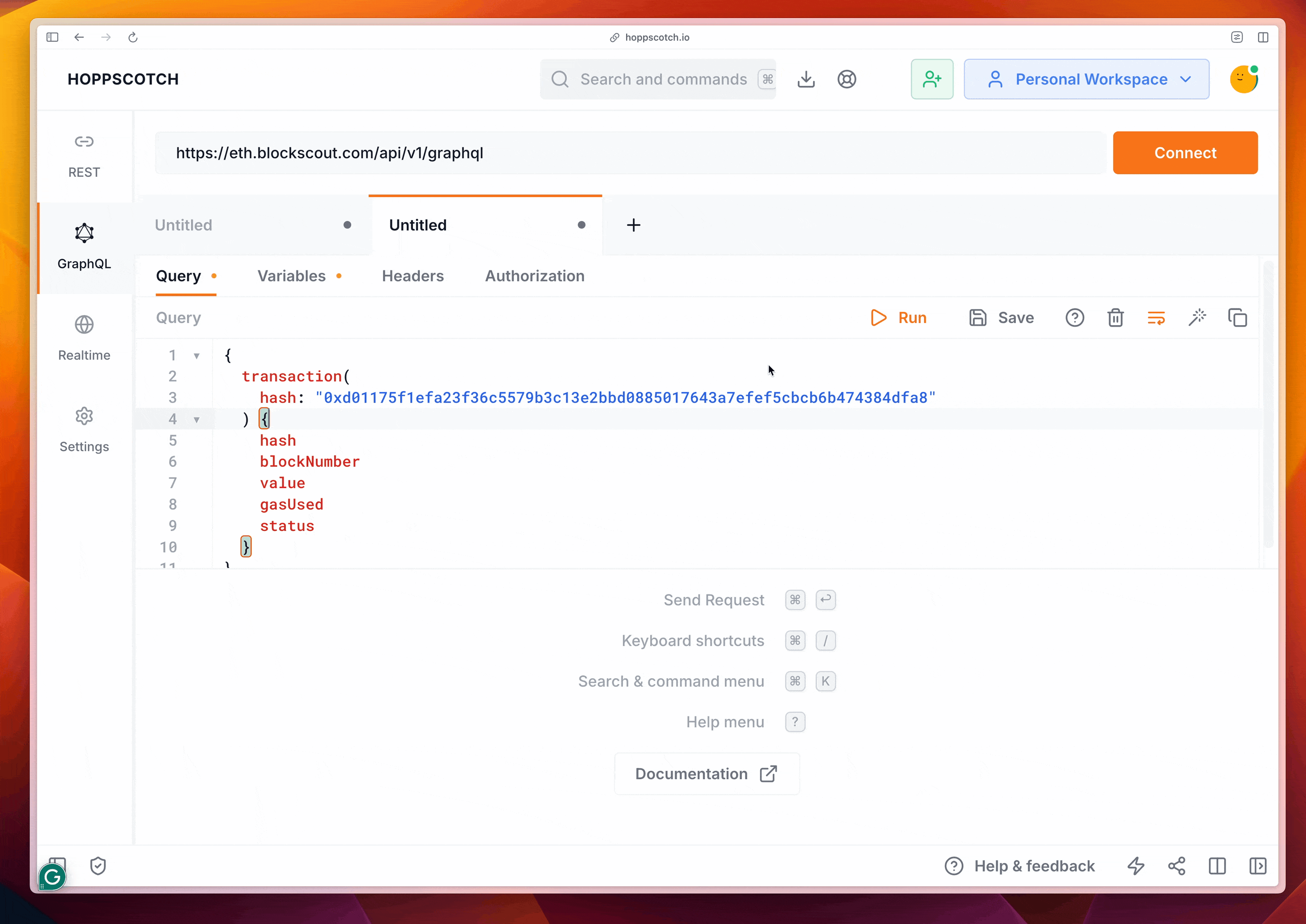 Blockscout GraphQL API JSON response